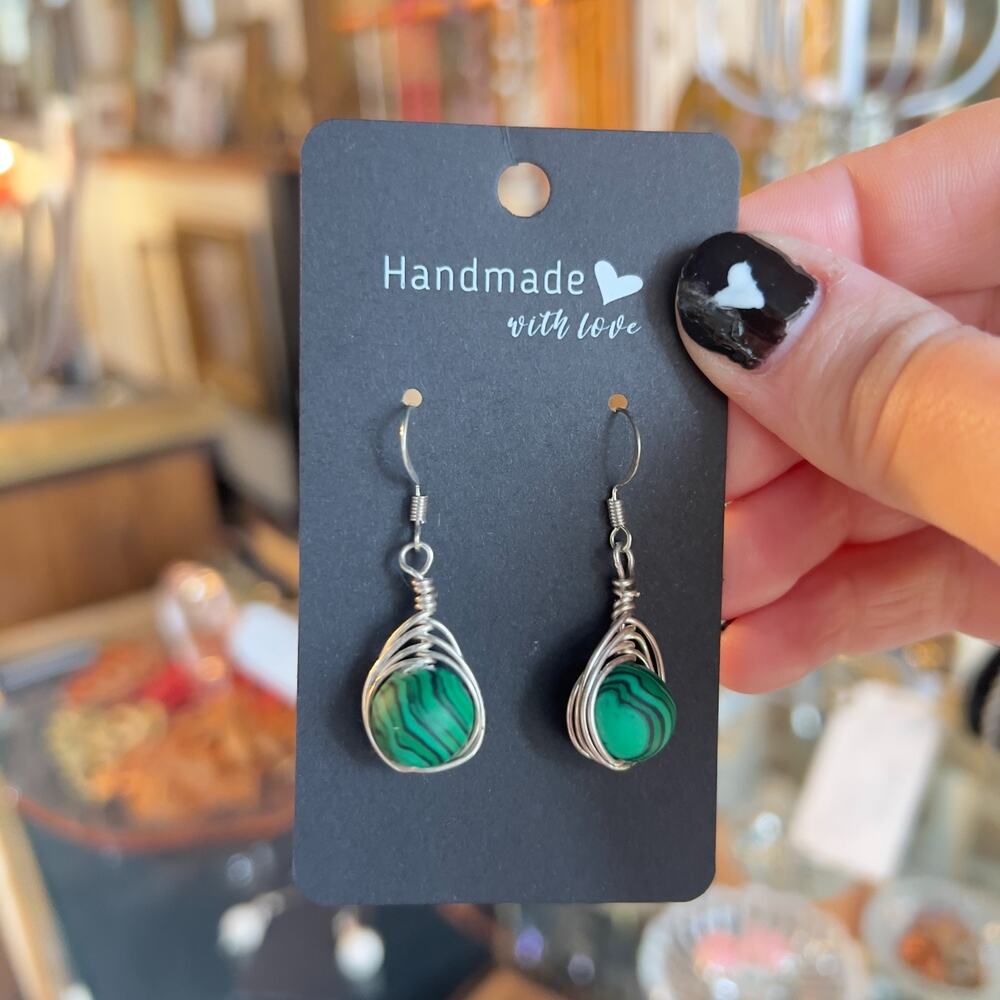Artisan Made Hand Crafted Dangle Drop Earrings Sterling Silver Green Malachite